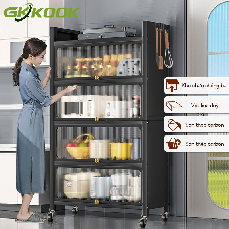 Gk-kook kệ nhà bếp đa năng 5 tầng, kệ tủ để đồ đa năng kệ tủ bếp đựng tủ chén nhà bếp, kệ nhà bếp iron thép carbon 80/100cm kệ tủ đa năng có nắp đậy kín và bánh xe đi chuyển