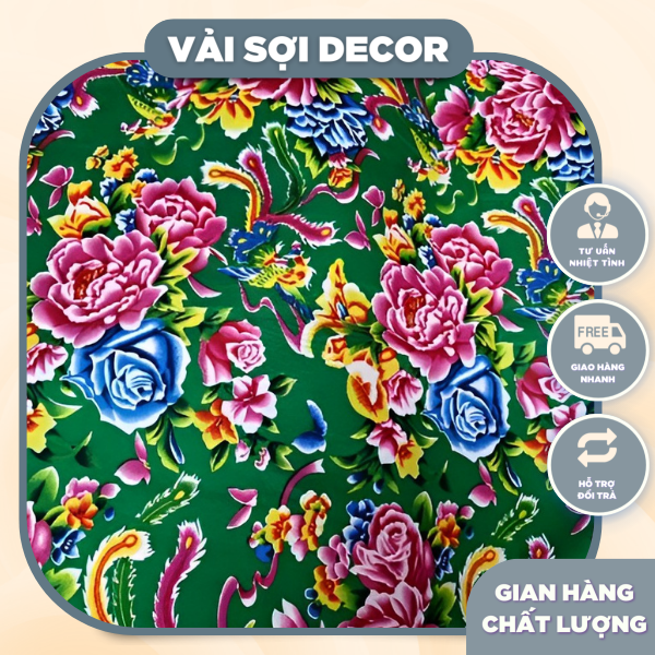 Vải con công màu xanh lá trang trí