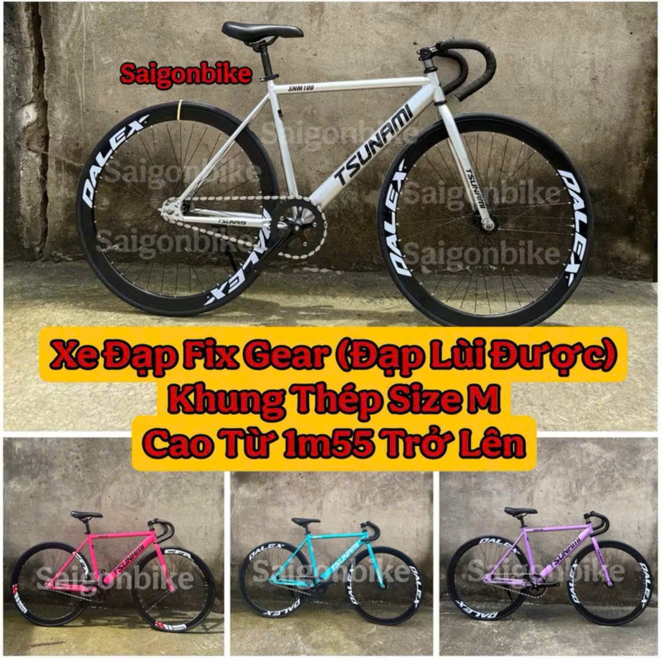 Size M Xe Đạp Thể Thao Fix Gear Đạp Lùi Được Tsunami Khung Thép Custom Cho Chiều Cao Trên 1m55 Kèm Phanh Tay-Strap