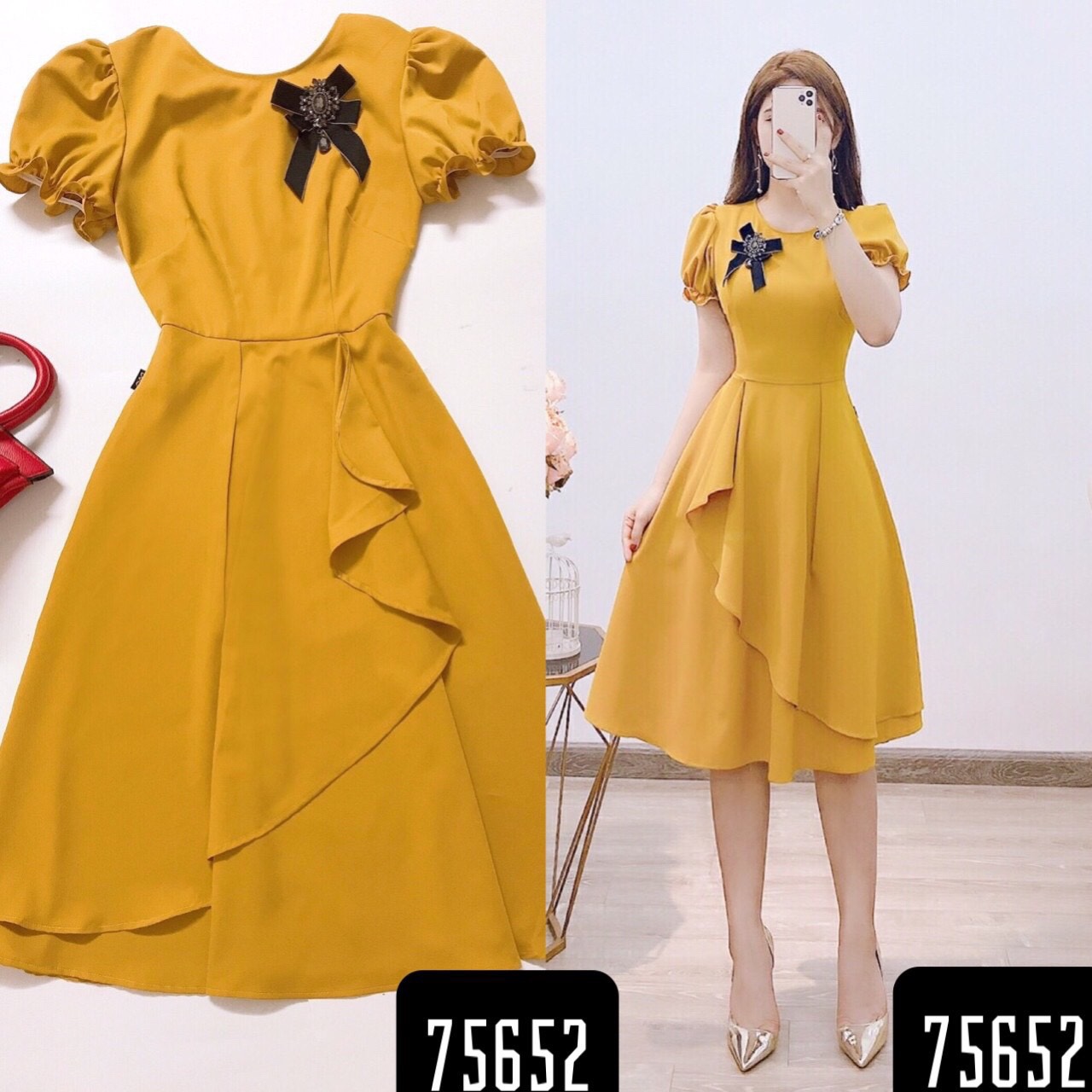 Đầm xòe dự tiệc tay phồng kèm nơ cài xinh