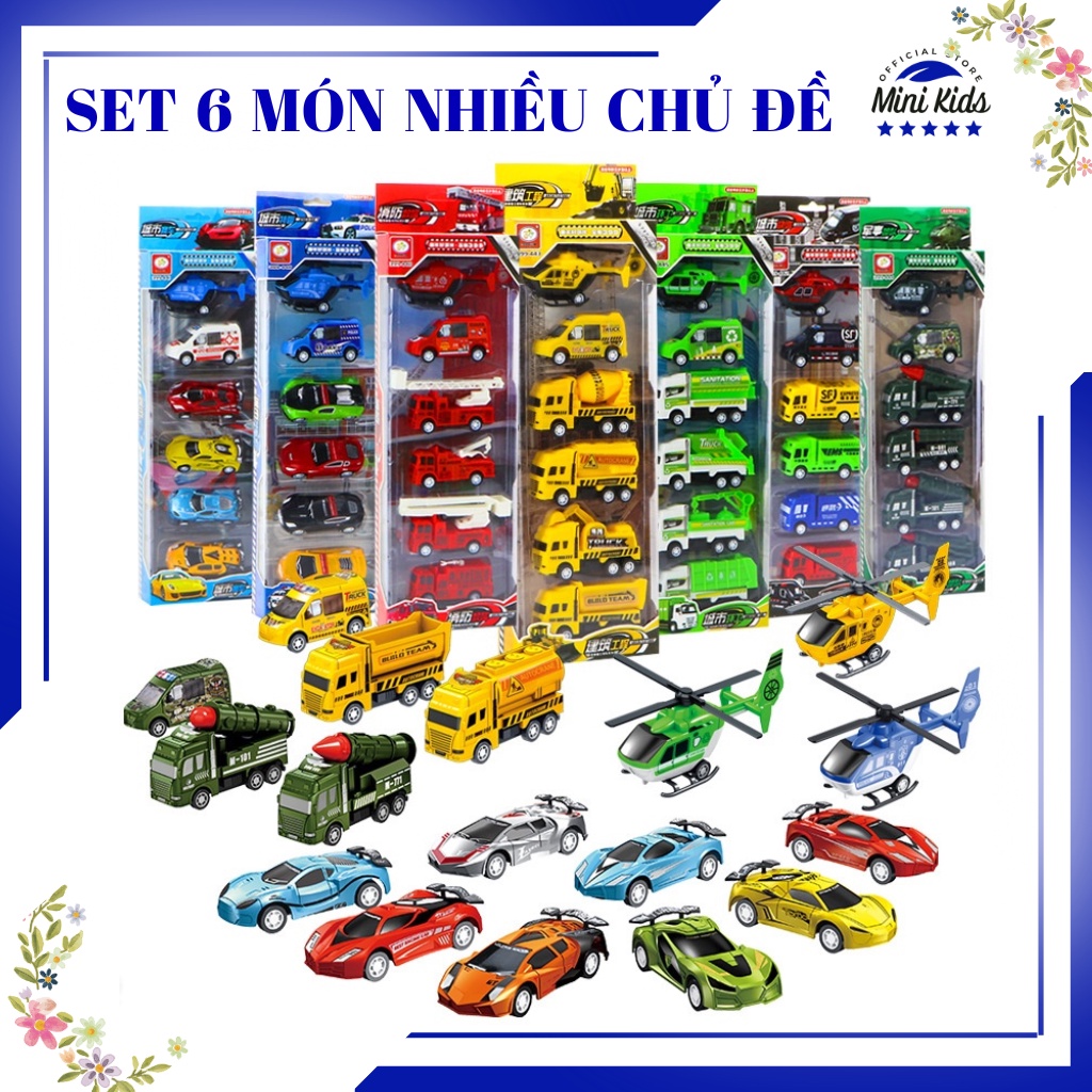 Đồ chơi bộ hộp set 6 món ô tô máy bay chạy cót, bánh đà ,xe mô hình: xe cứu hỏa, máy bay - Đồ chơi MiniKids