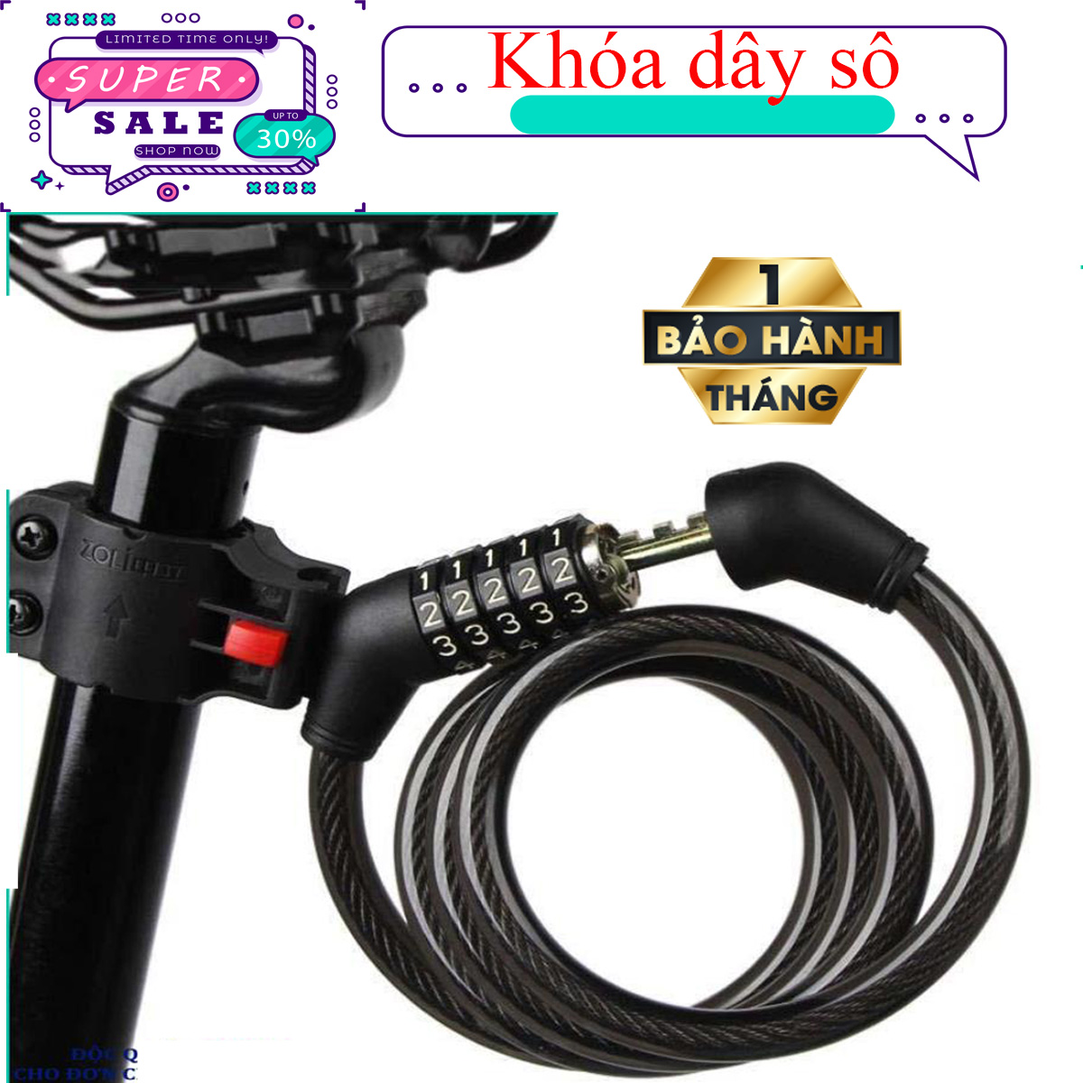 Dây khóa số ZOLI Khoá dây xe đạp, khóa xe đạp, khóa dây xe đạp - Dây khoá đổi được mật mã, dây dài 80 cm, đường kính dây cáp 1.2 cm
