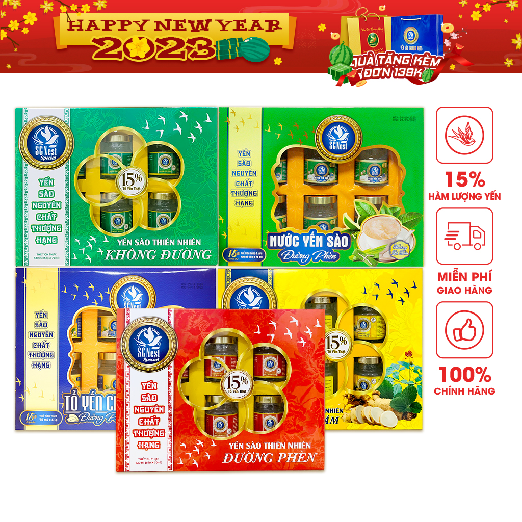 Combo 5 vị yến sào scnest (scnest special nhân sâm, scnest special không đường, scnest đường phèn, scnest lá dứa, scnest special đường phèn)