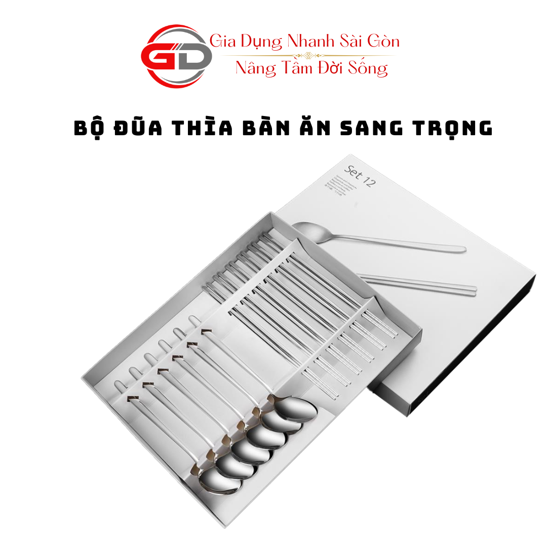 Set 6 bộ đũa thìa muỗng inox chống trơn cao cấp, gồm bộ 6 đôi đũa 6 muỗng bộ đồ dùng bàn ăn kèm hộp sang trọng