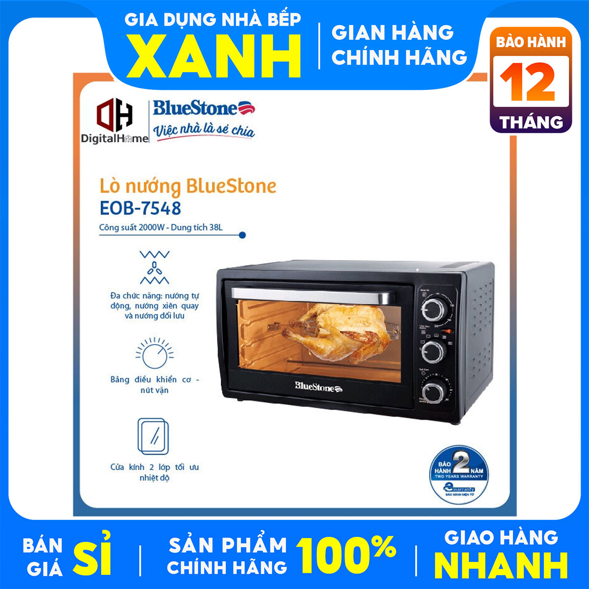 Lò nướng điện đa năng Bluestone EOB-7548 38 lít Mới 100%-Tiện ích:Nướng xiên quay Quạt đối lưu Đèn trong khoang lò