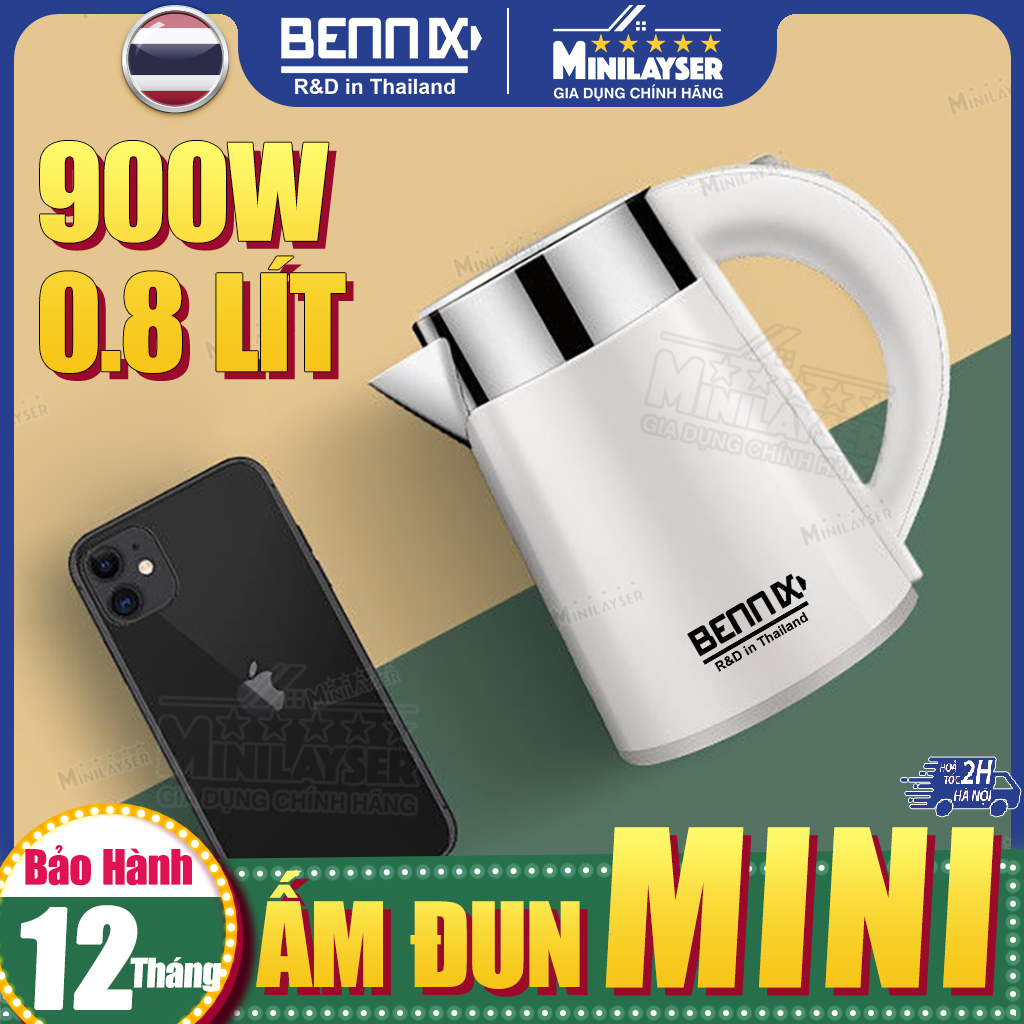 Ấm đun nước siêu tốc Mini BENNIX 0.8L 950W, bình nước pha sữa tự động ngắt