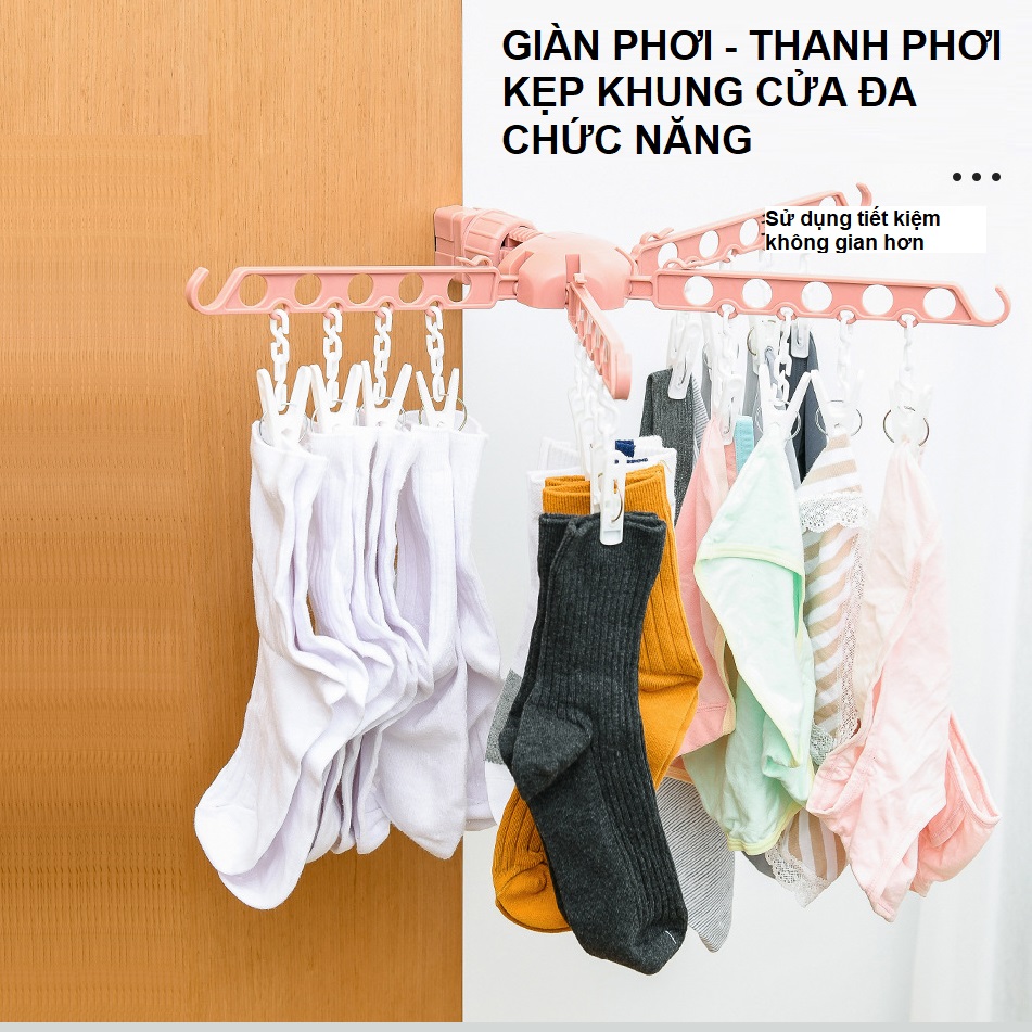 Giàn phơi quần áo, thanh treo đa năng kẹp khung cửa xoay 4 hướng