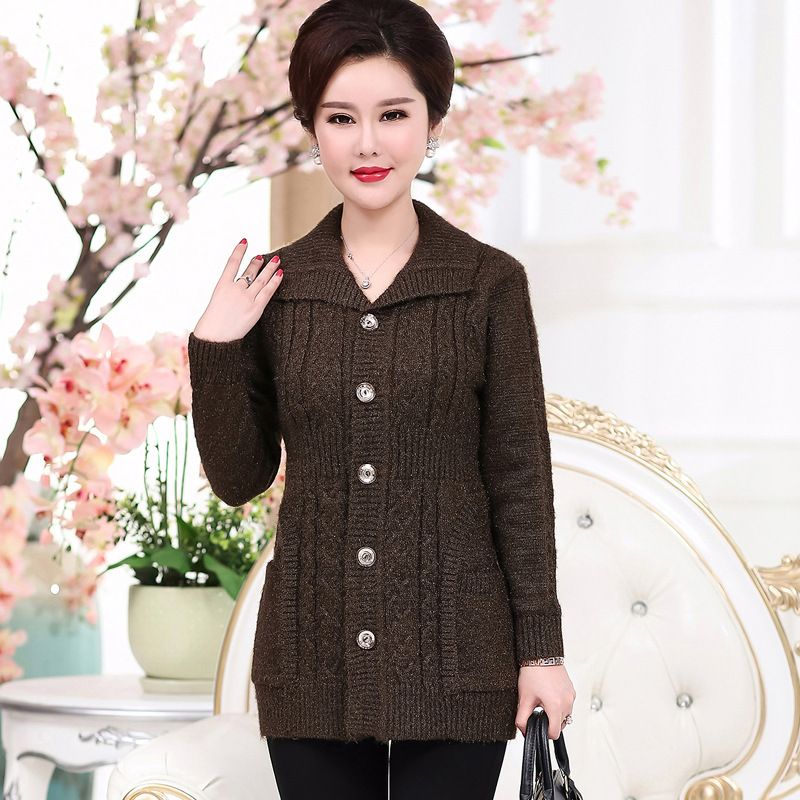 Quần áo thu đông của phụ nữ trung niên và cao tuổi quần áo cho mẹ cỡ lớn áo cardigan dệt kim dài tay áo len cho mẹ áo khoác dày