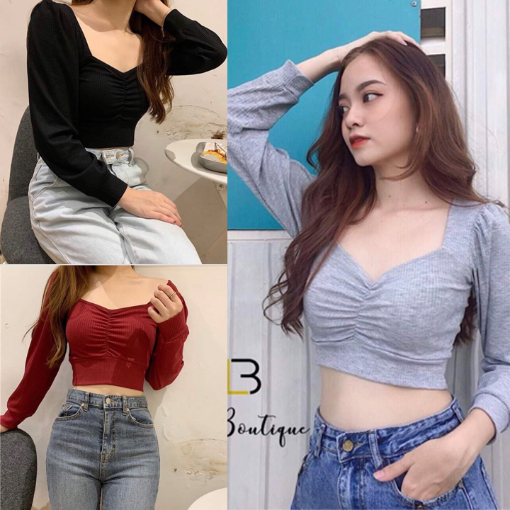 Áo croptop tay phồng rút ngực tay dài