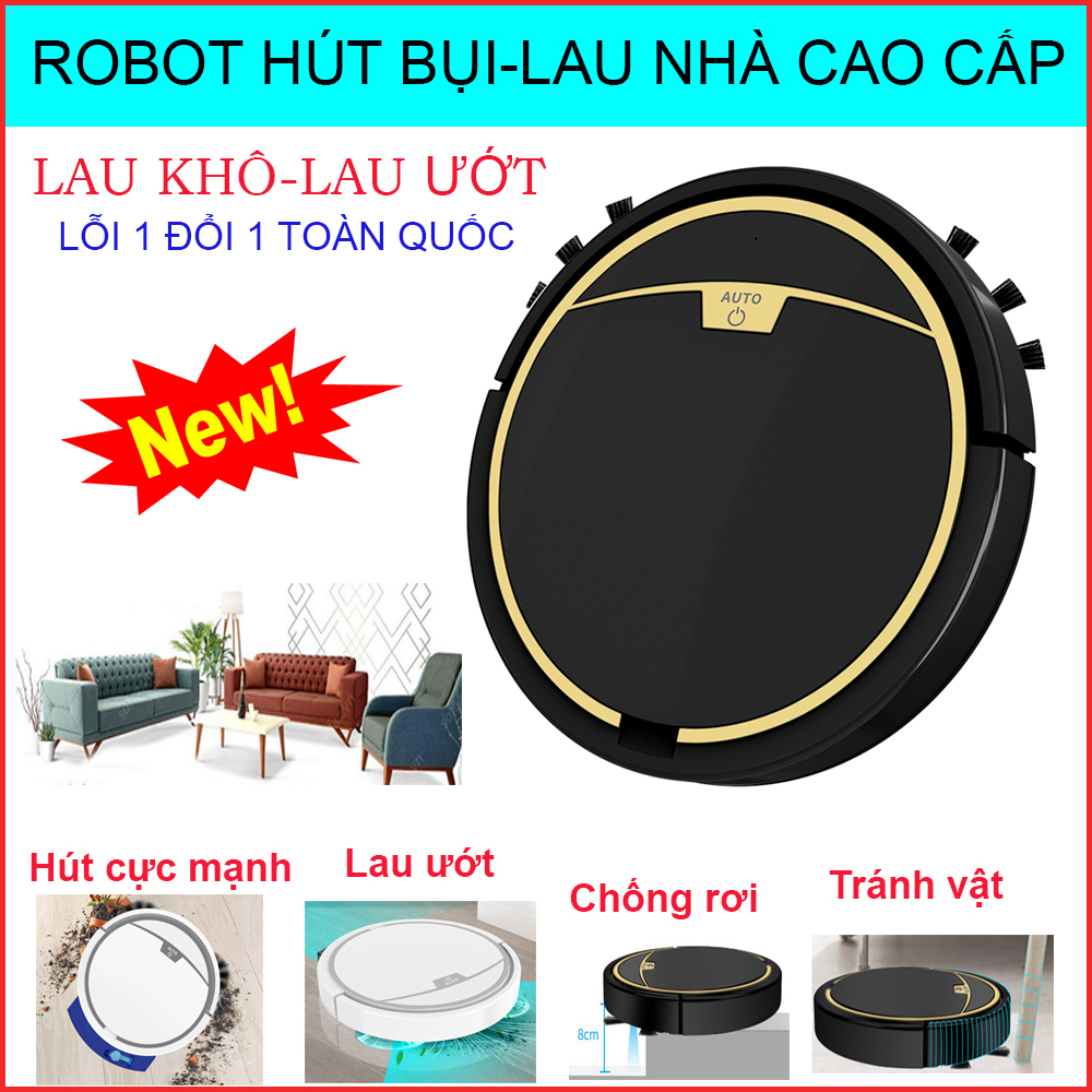 Robot Lau Nha, Robot Hút Bụi Giá Rẻ, Máy Lau Nhà Thông Minh.  Lực hút cực mạnh, lau khô lau ướt, cảm biến thông minh. LỖI 1 ĐỔI 1 TOÀN QUỐC