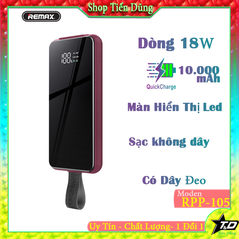 Sạc dự phòng remax rpp-105 hỗ trợ sạc không dây dòng sạc nhanh 18w dung lượng 10.000mah