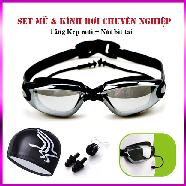 Sét mũ kèm kính bơi, Combo kính bơi mũ bơi, Kính bơi UV kèm Mũ bơi và 2 nút bịt tai, Thiết Kế Mới Thông Minh, Kiểu Dáng Hiện Đại, Thoải Mái Bơi Lội, Giá Rẻ Bất Ngờ