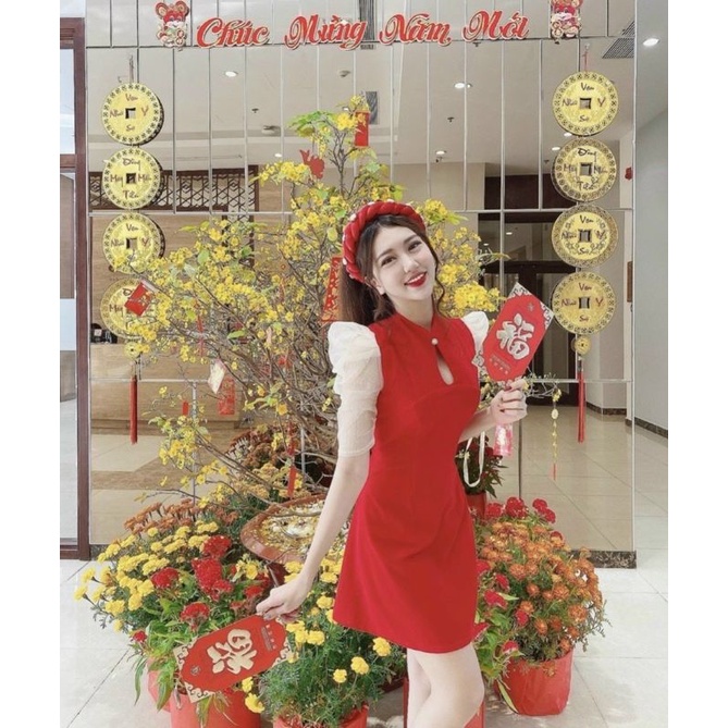 Áo dài cách tân nữ, đầm đỏ tay voan lưới đi chơi Noel và Tết 2022