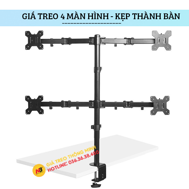 Giá treo bốn màn hình máy tính m054 kẹp thành bàn 17 - 27 inch - tay đỡ 4 màn hình xoay 360 độ