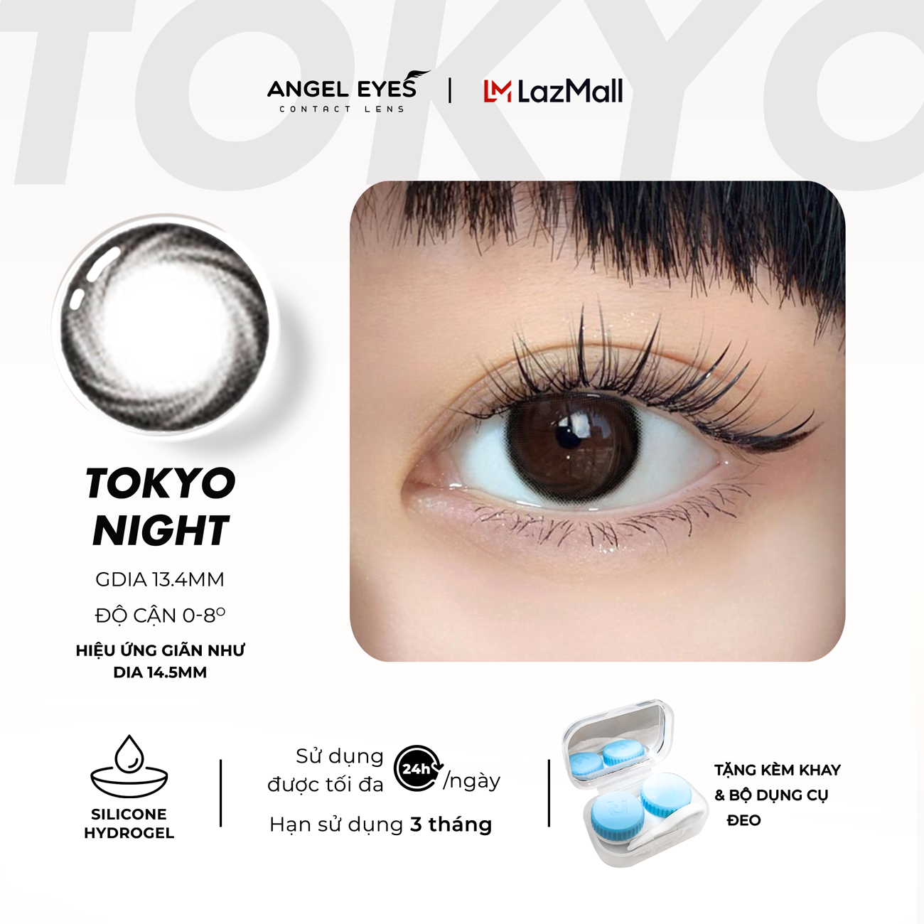 Lens đen giãn tròng có độ 0-8 Tokyo Night nhãn hiệu Angel Eyes, kính áp tròng đen tự nhiên giãn tròng 14.5 thích hợp đi học đi làm