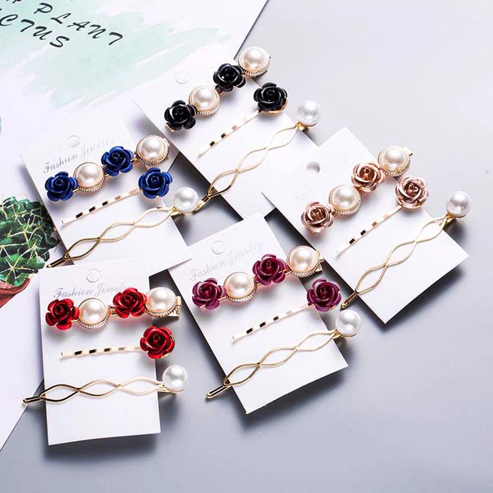 Set 3 kẹp tóc mái nữ hoa hồng thời trang thích hợp dạo phố, đi làm, dự tiệc