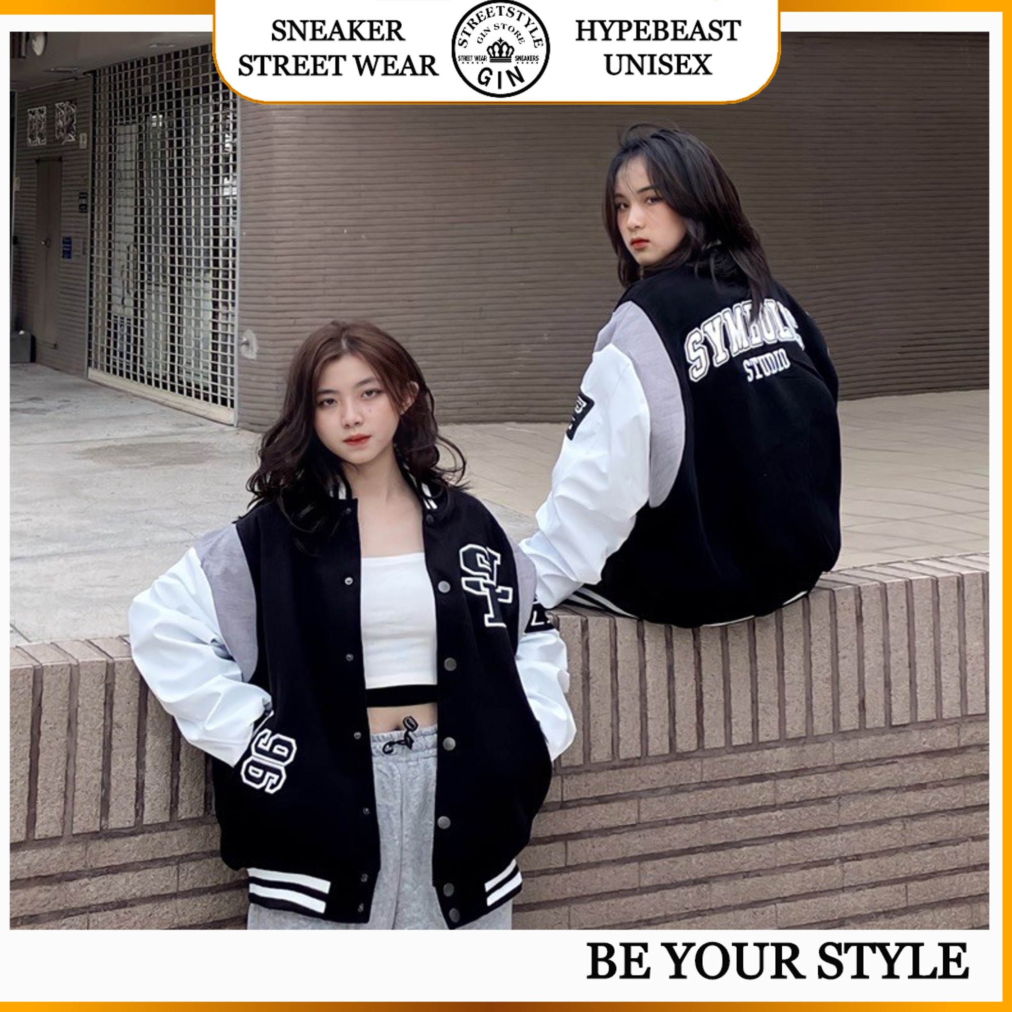 Áo khoác bomber nam nữ kaki oversize form rộng bóng chày Symbolic Varsity unisex - Gin Store 03