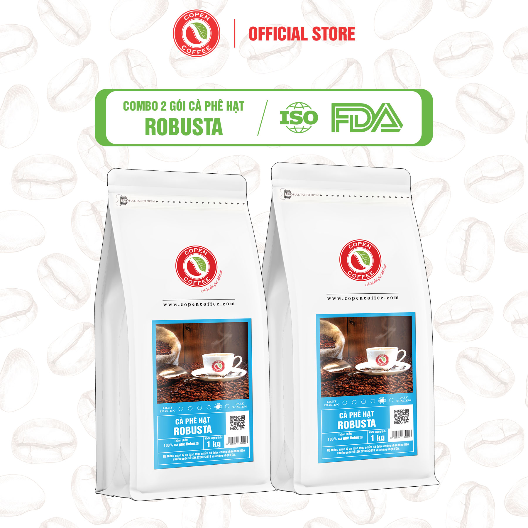 COMBO 2 GÓI Cà phê hạt Robusta gói 1kg (ST túi zip) - Rang mộc - Pha phin/Pha Máy - Copen Coffee