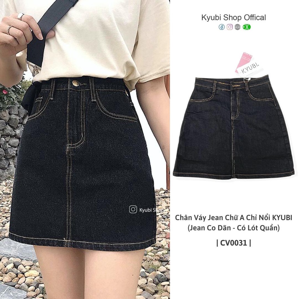 [VOUCHER 12%/149K] Chân váy jean ngắn chữ A đen lưng cao co giãn phong cách hàn quốc xinh xắn (Có lót quần trong) - Kyubi Shop