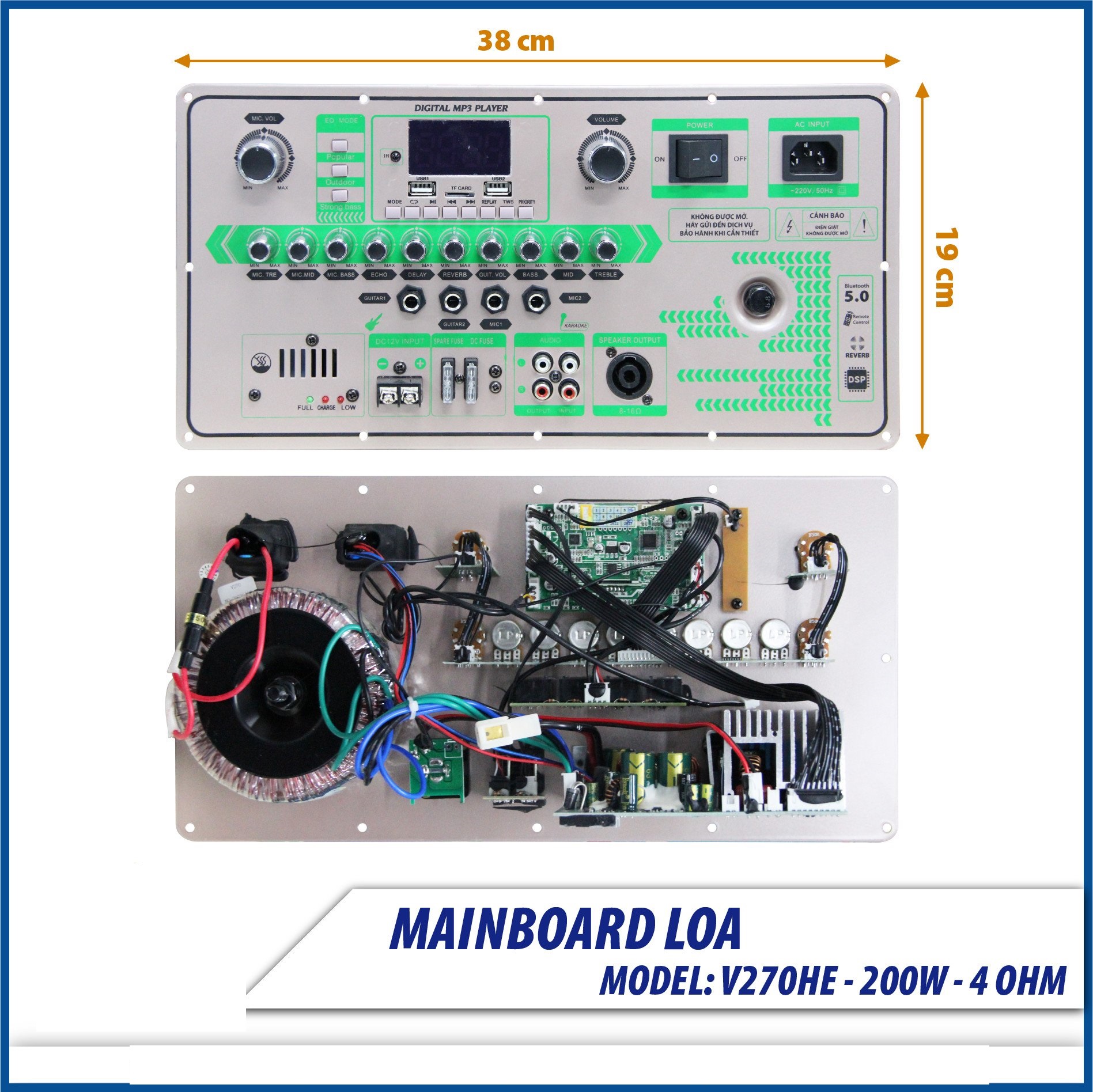 Bo Mạch Loa Kéo Nguồn Xuyến đánh 2 Bass 40 (4 tấc đôi), 5 Tấc đơn Mạnh Mẽ có Echo Reverb, đèn led th