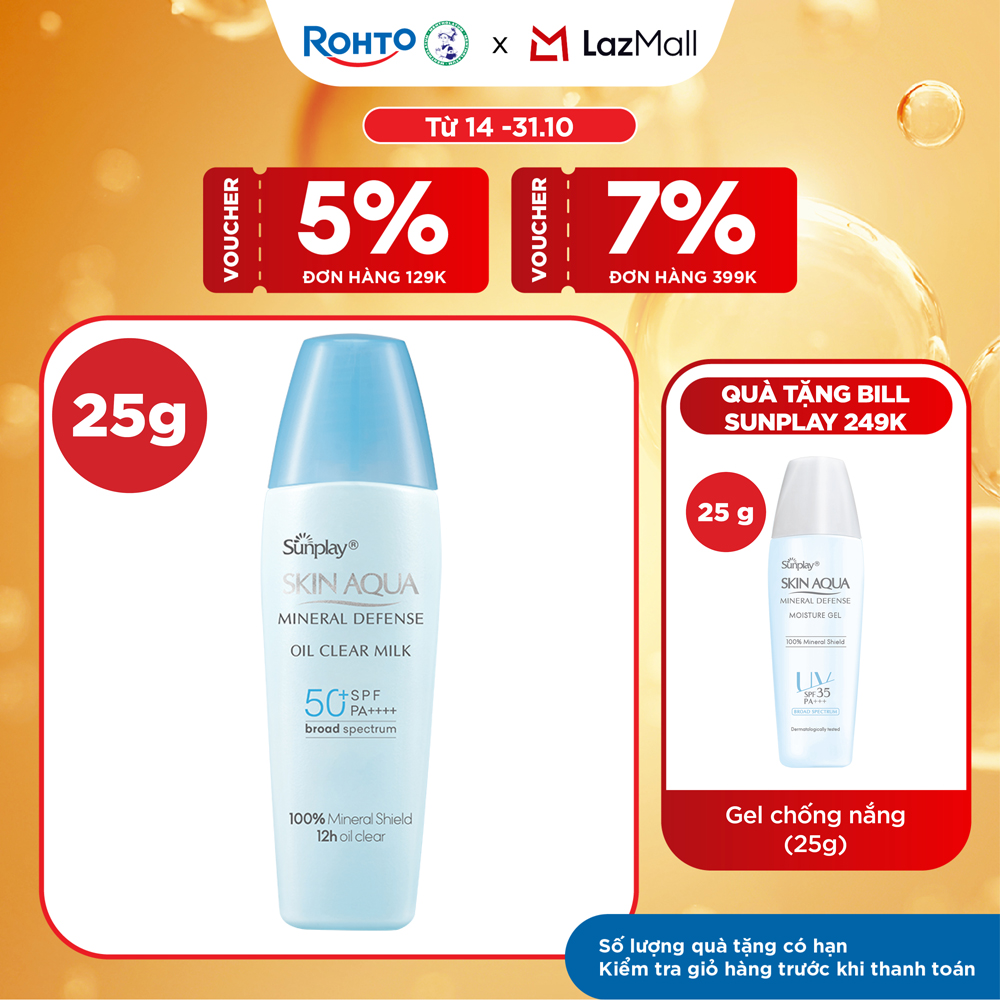 Kem chống nắng vật lý Skin Aqua kiềm dầu, dạng sữa dùng hàng ngày Sunplay Skin Aqua Mineral Defense Oil Clear Milk SPF50+ PA++++ 25g
