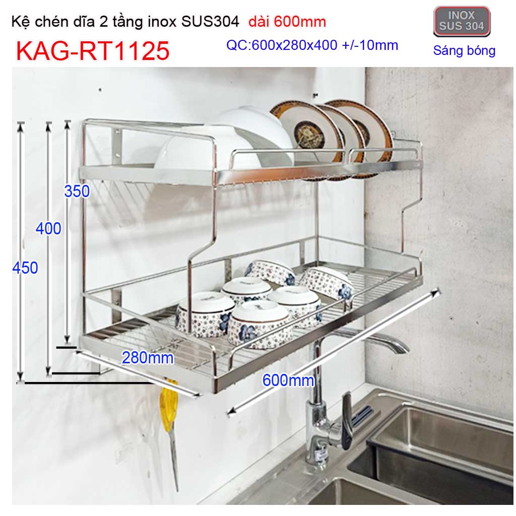 Kệ đựng chén 60cm kag-rt1125 inox sus304 kệ úp chén dĩa 2 tầng inox 304 siêu bền siêu đẹp