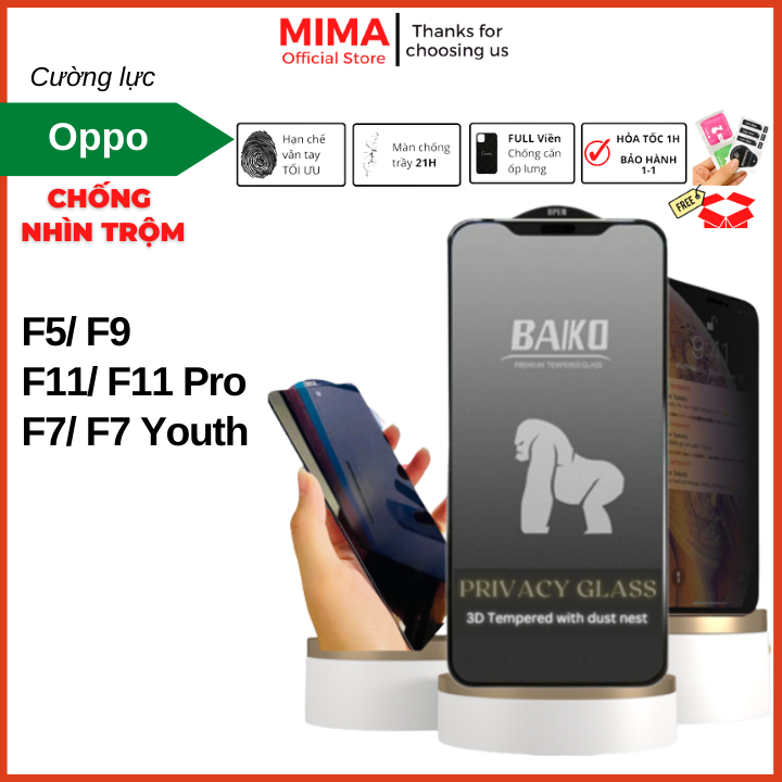 Cường Lực Chống Nhìn Trộm Oppo F11, Oppo F11 Pro, Oppo F9 F5 F7, F7 Youth Full màn hình kính OG+ cao cấp độ cứng 21H Cảm ứng siêu mượt hạn chế bám vân tay và mồ hôi hiệu quả, dán cường lực màn hình điện thoại