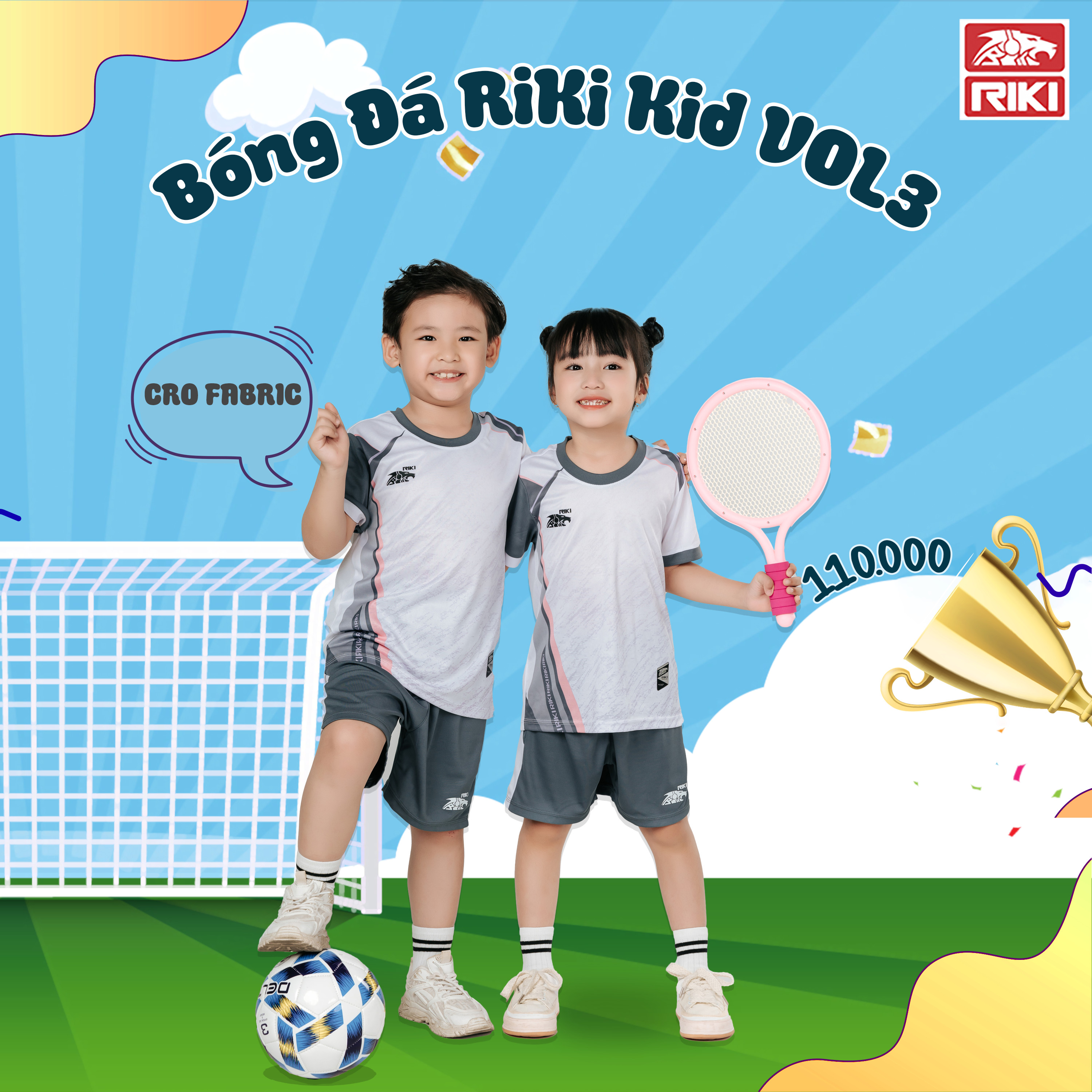 Quần áo bóng đá trẻ em riki vol 3 màu trắng xám có in tên số