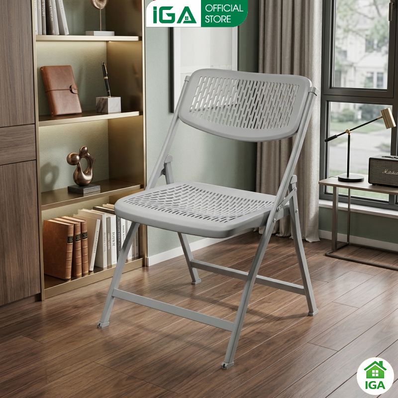 IGA Ghế Gấp Nhựa Đan Cao Cấp Khung Thép Sơn Tĩnh Điện Màu Xám Chống Trượt 47x52x85cm - GN92