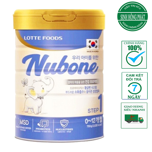 Sưa bột Nubone Step 1, 2 và Plus+ loại 750g nhập khẩu nguyên lon từ Hàn Quốc