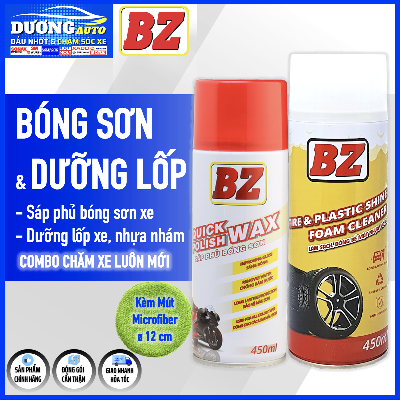 Combo sáp phủ bóng sơn xe bz + xịt dưỡng bóng vỏ lốp, dưỡng nhựa nhám bz – bz quick polish wax 450ml + bz tires & plastic shine 450ml