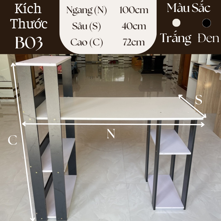 Bàn làm việc bàn gỗ kèm kệ sách MDF thông minh phối màu màu Đen- Trắng - Bàn 03