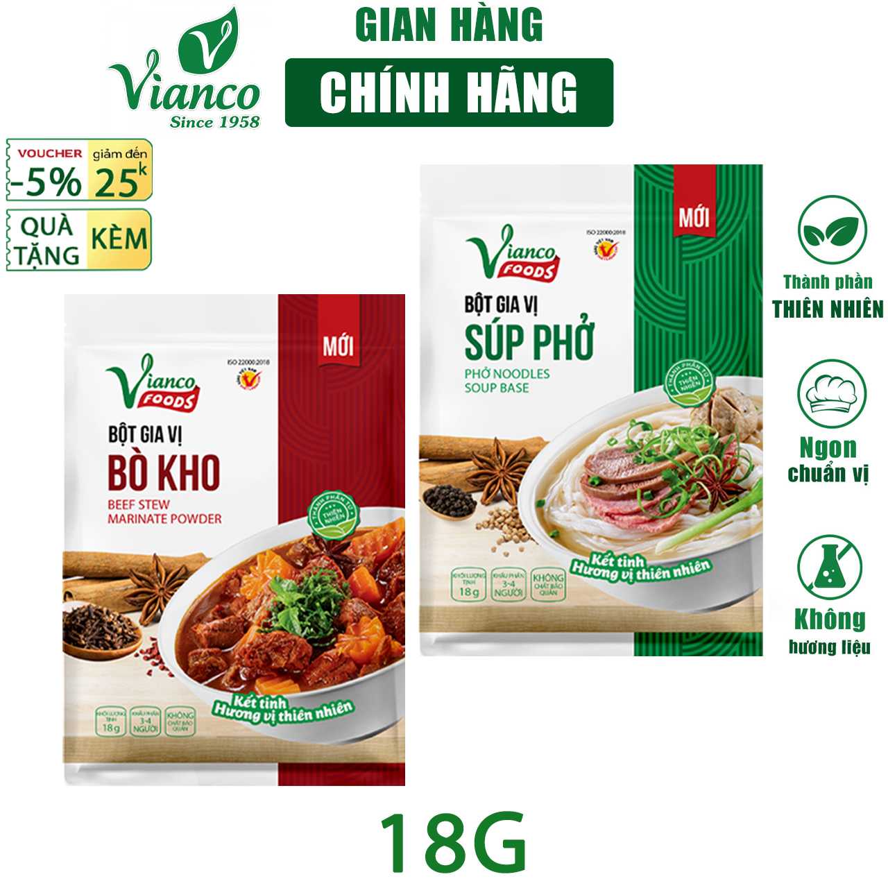 Gia vị nấu Bò Kho, Phở gói 18g Vianco gia vị nêm sẵn chuẩn vị không cần nêm nếm - Gia vị  Việt Ấn