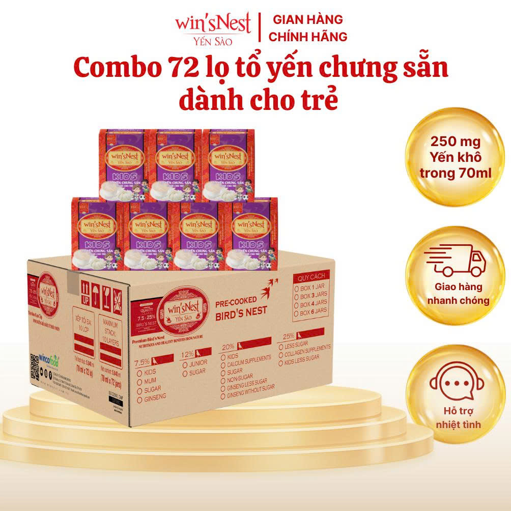 (Thùng 72 lọ) Yến sào cao cấp win'sNest kids 250mg (20%)  tổ yến chưng sẵn dành cho trẻ em (70 ml/ lọ)