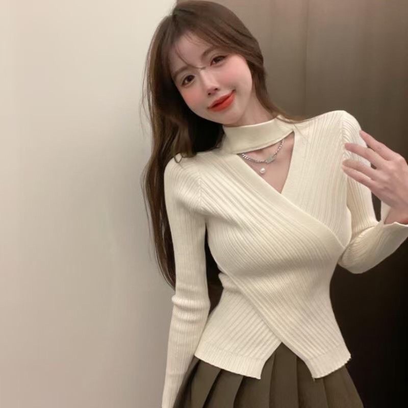 Áo len vạt chéo cổ choker siêu sang, áo len nữ cách điệu phong cách Hàn Quốc
