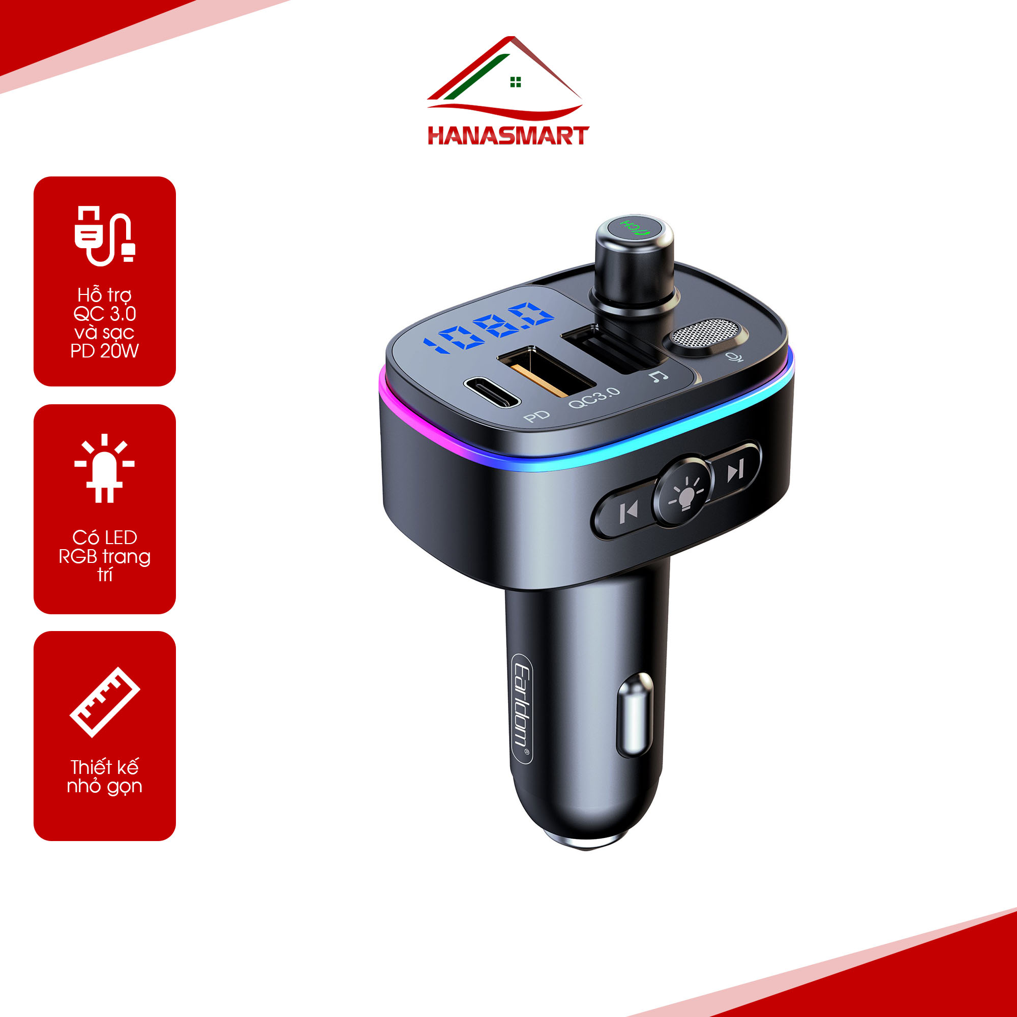 Tẩu sạc bluetooth Earldom M62 chính hãng HS12 màn hình LED hiển thị, hỗ trợ sạc nhanh cho nhiều dòng thiết bị - HANA SMART