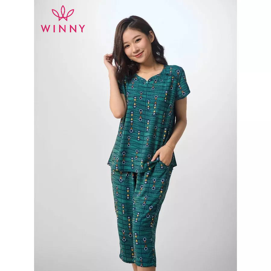 Winny - bộ đồ lanh cộc tay quần ngố mặc nhà họa tiết hình khối 2mnla23023n