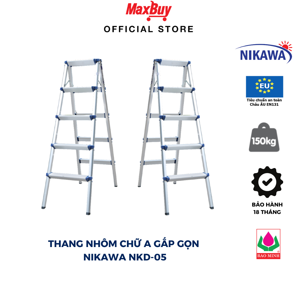 Thang nhôm gấp chữ a 5 bậc nikawa new chắc chắn gấp gọn tải trọng 150kg chiều cao chữ a 1.25m bảo hành 18 tháng nkd 05