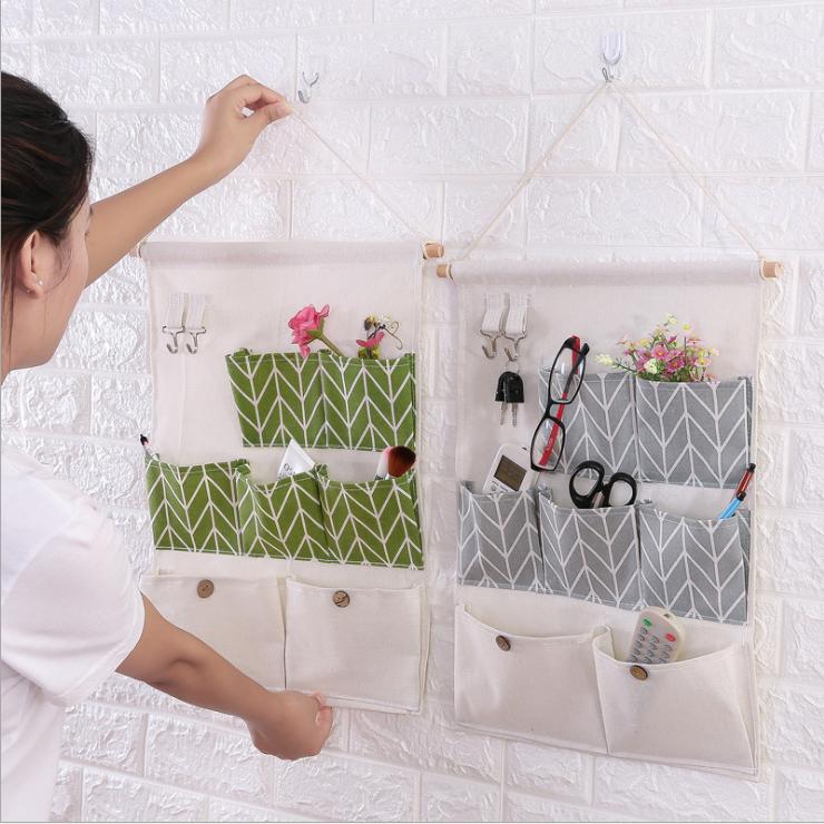 Túi đựng đồ đa năng treo tường 7 ô kèm 2 móc treo tiết kiệm diện tích vải canvas bền đẹp - giao màu ngẫu nhiên