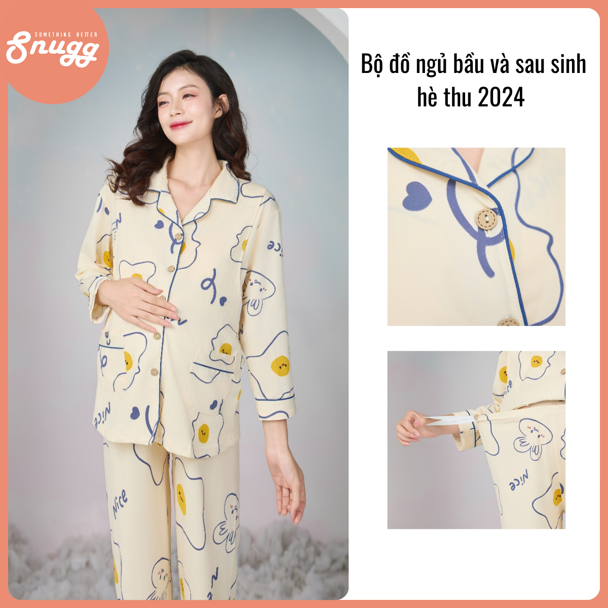 Bộ bầu và sau sinh dài tay mặc ngủ mềm mại họa tiết dễ thương hè thu 2024 - SNU2227