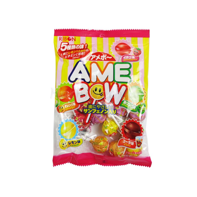 Kẹo mút trái cây Ribon Ame bow Nhật Bản 5 vị trái cây: cola, dâu, táo, chanh, cam