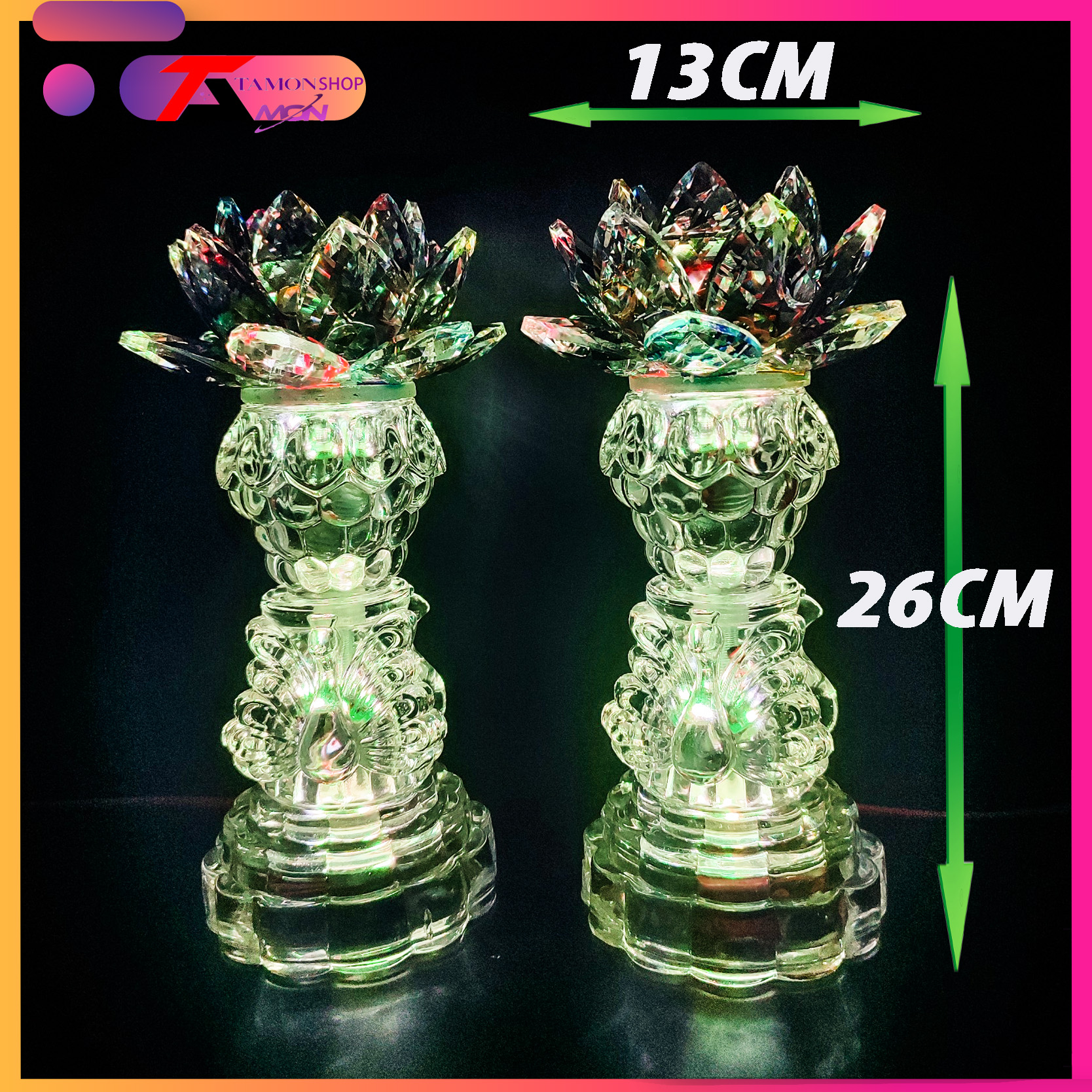 Cặp đèn thờ pha lê cầu hoa sen dưới chân có Thiên Nga sáng từ chân đến gọn đèn, đèn thờ gia tiên, trang trí tủ thờ quan âm, phật tổ