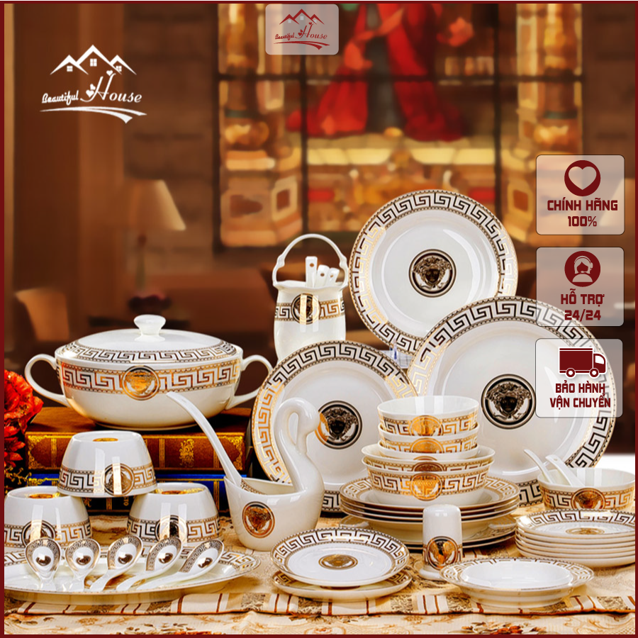 Bộ chén đĩa 60 chi tiết hoàng gia cao cấp chất liệu sứ xương