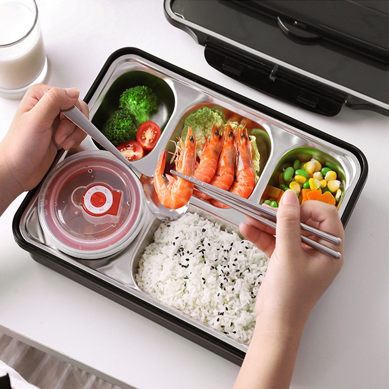 Hộp cơm 5 ngăn inox 304 Có Nắp Đậy, Hộp Cơm Văn Phòng 5 Ngăn Có Bát Để Canh Bọc Nhựa Bên Ngoài - Có Giá Đỡ Điện Thoại Tặng Thìa Đũa Inox Cao Cấp