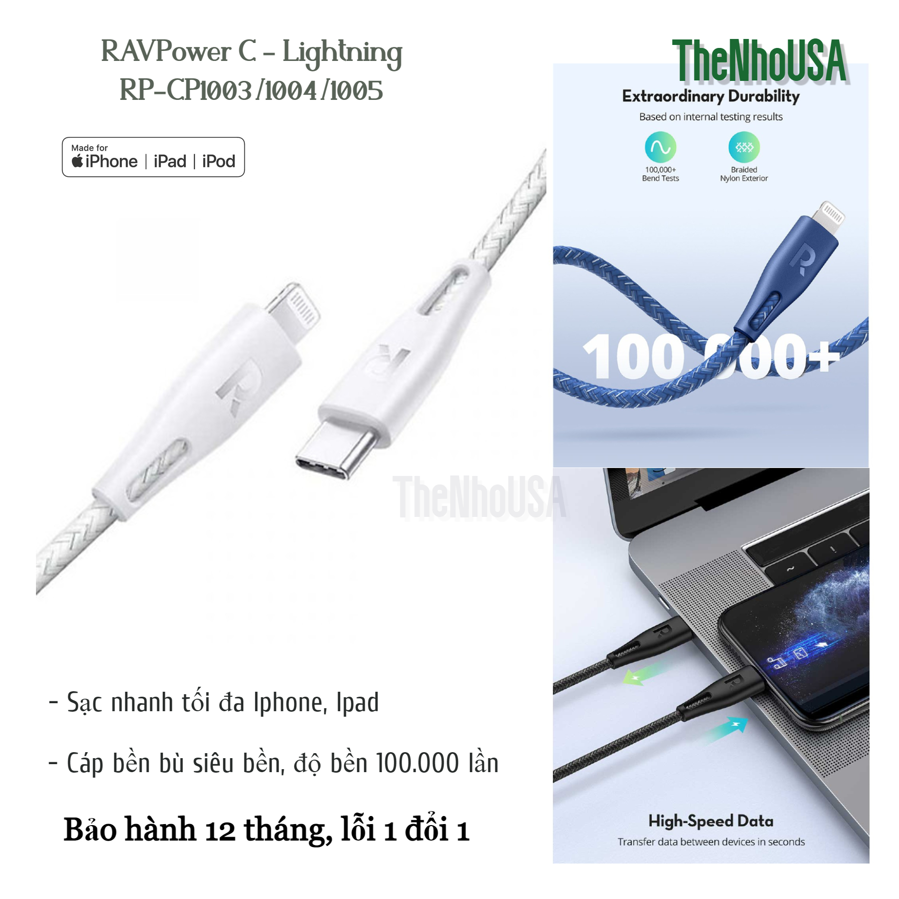 Cáp dù sạc nhanh RAVPower C - lightning - RP-CB1003/1004/1005 [BH 12T]