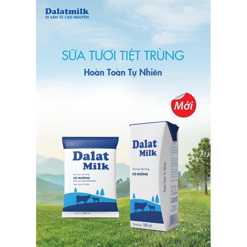 Thùng 48 bịch sữa Dalat Milk có đường/ít đường/không đường bịch 220ml
