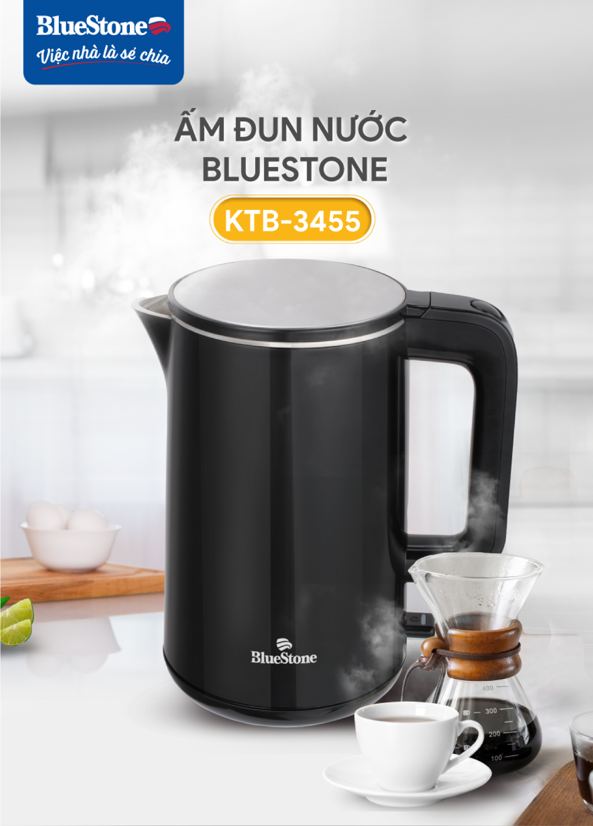 Ấm Đun Nước Siêu Tốc 2 Lớp BlueStone KTB-3455 (1850-2200W) - Dung tích 1.5L - Bộ điều khiển Strix cao cấp của Anh - Tự động ngắt điện - Bảo hành 2 năm - Hàng chính hãng
