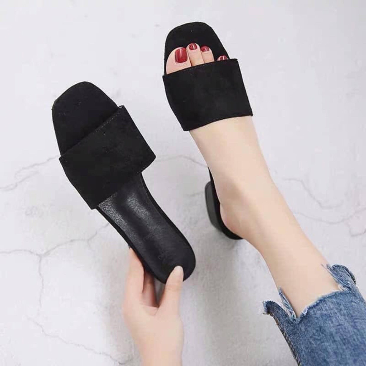 Dép nữ cao gót 5 và 7 phân bản ngang to nhung gót vuông ANA