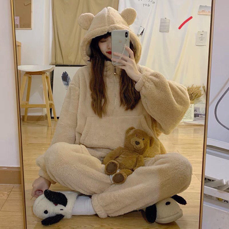 Bộ Hoodie Lông Cừu Dày Dặn Mũ Tai Gấu Siêu Cute LoTat Store