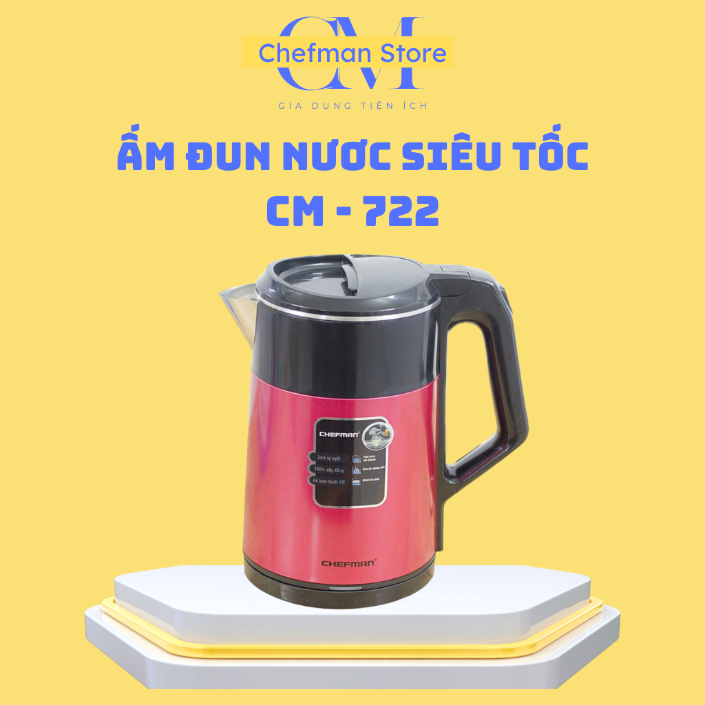 Ấm đun nước siêu tốc chefman cm - 722, dung tích 2l, công suất 1500w